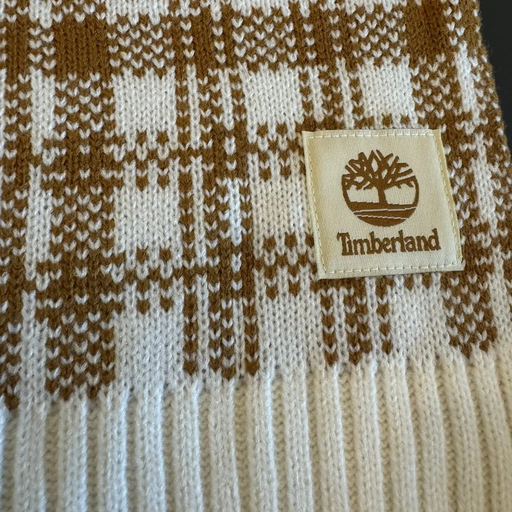 Timberland‎ Scarf Unisex OS Wheat Brown Plaid Knit Logo NEW